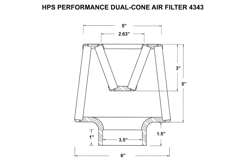 HPS Performance Dual-Cone Air Filter 3-1/2" ID, 5" Element Length, 6-1/2" Overall Length (HPS-4343)