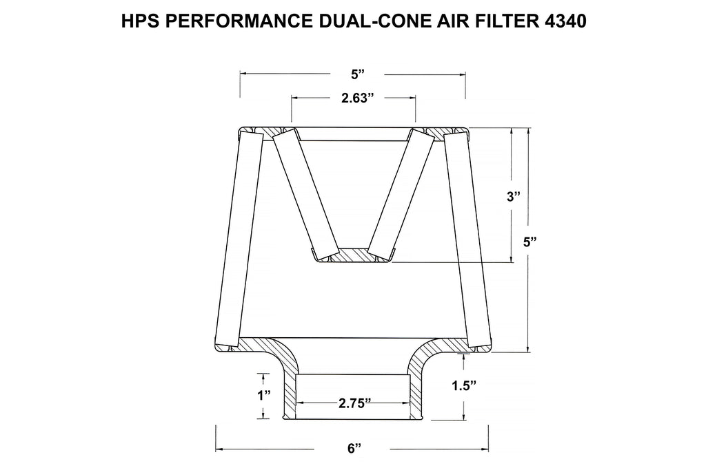 HPS Performance Dual-Cone Air Filter 2-3/4" ID, 5" Element Length, 6-1/2" Overall Length (HPS-4340)